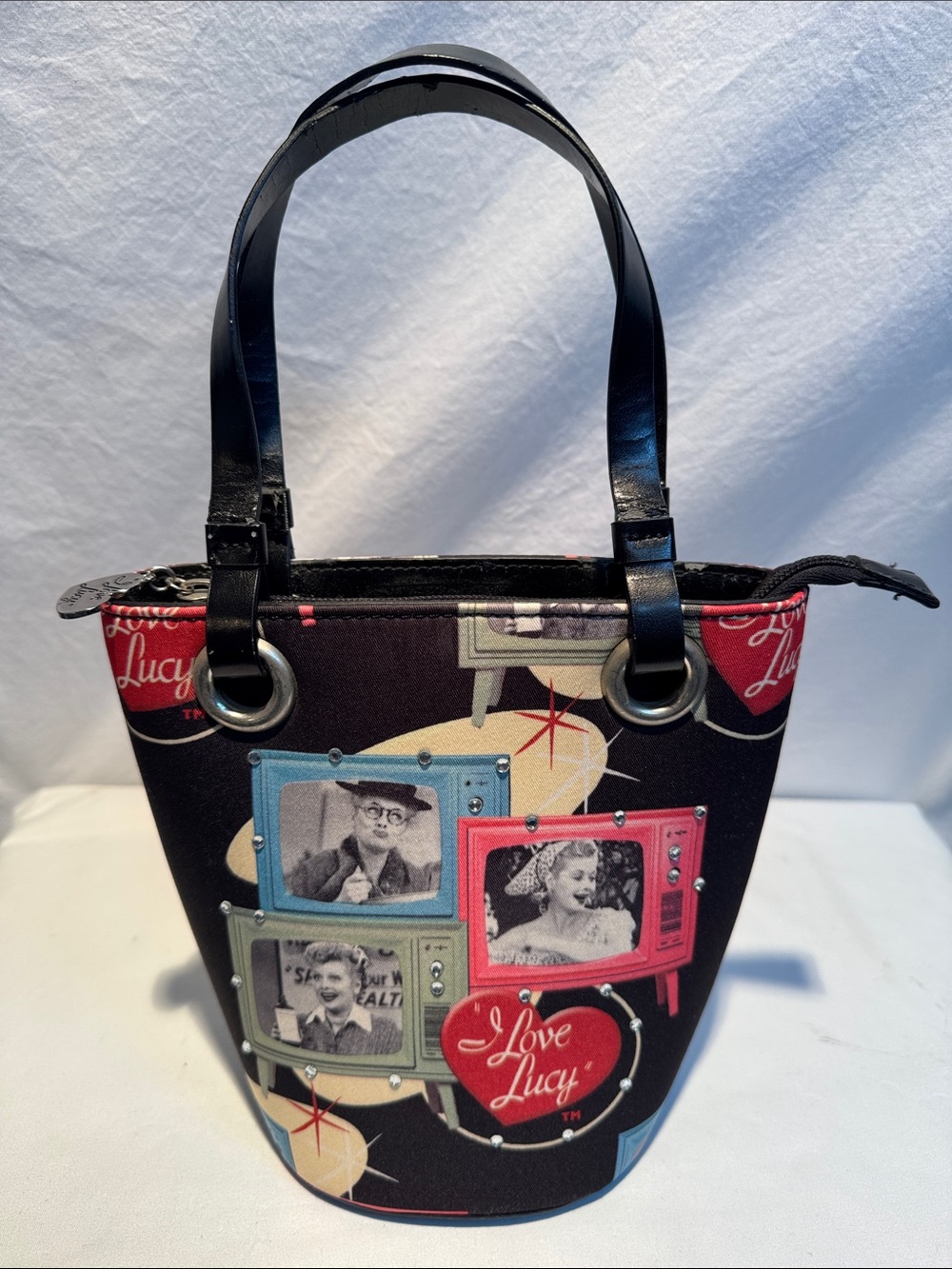 I Love Lucy Black Graphic Tote Bag with Vintage TV Motif